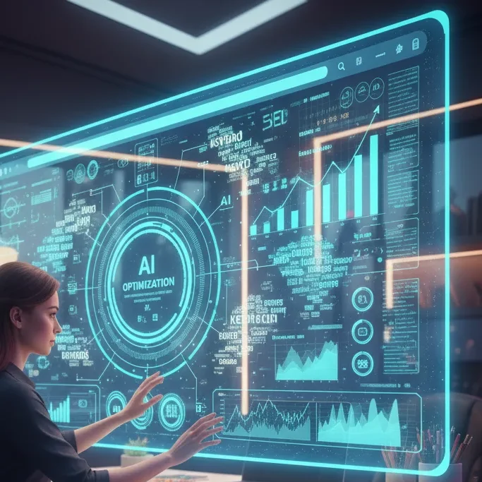 AI SEO tool analyzing keywords and optimizing website content for higher ranking.