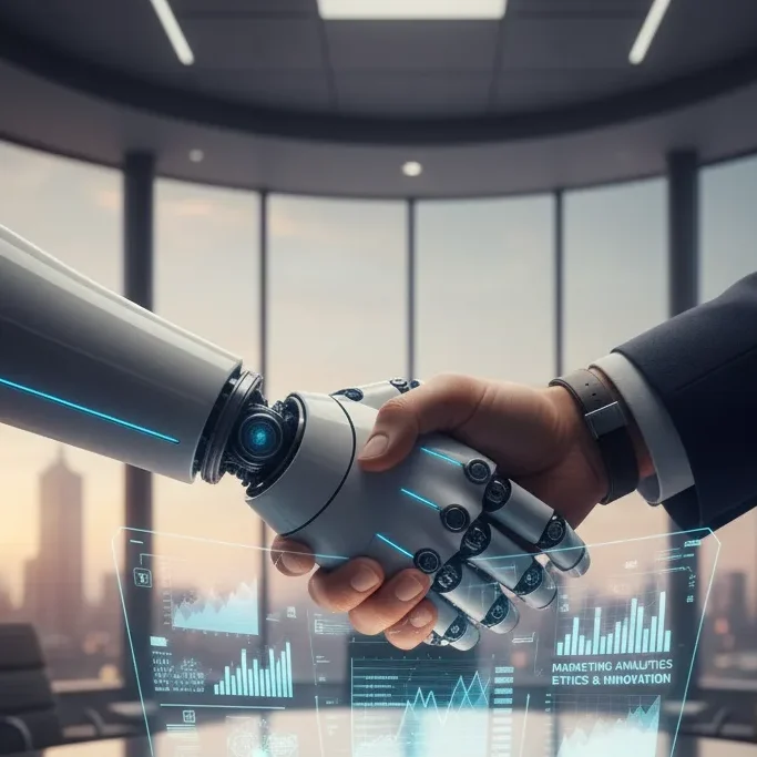 “Human marketer collaborating ethically with AI for creative digital marketing.”