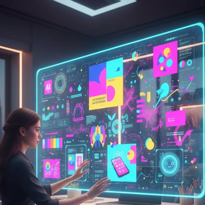 Designer using AI tools like Canva and Adobe Firefly to create marketing visuals.